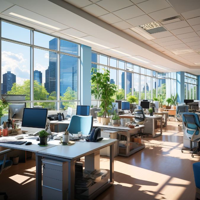 An open office with natural light, a view and plants.